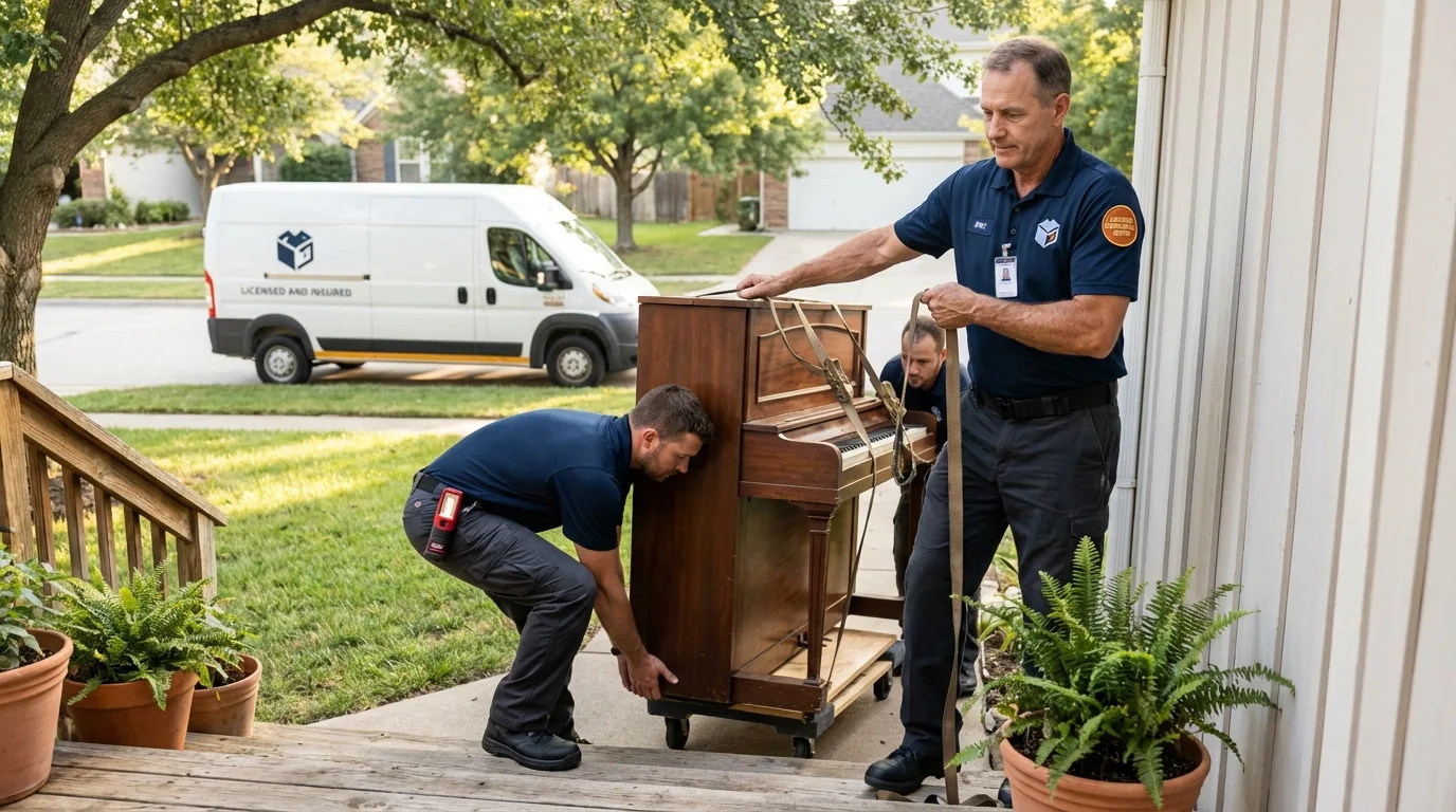 Licensed piano movers securing grand piano in Mount Carmel, PA