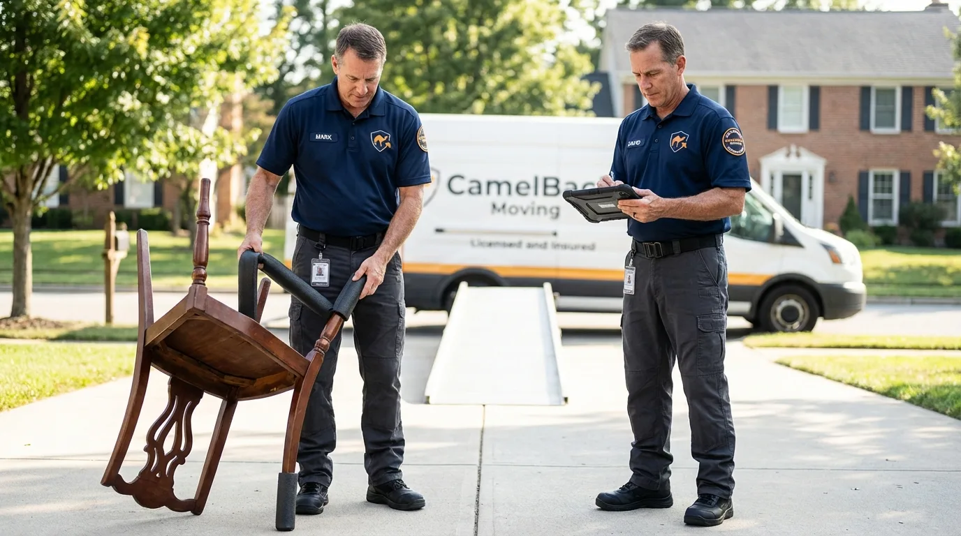 Movers inspecting furniture for damage prevention before loading in Mount Carmel, PA