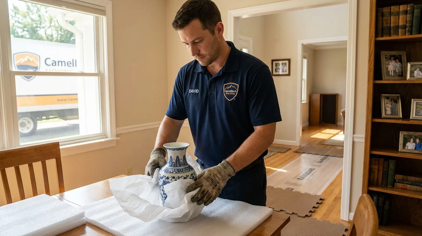 Professional crew carefully wrapping antique vase for senior downsizing move in Mount Carmel, PA
